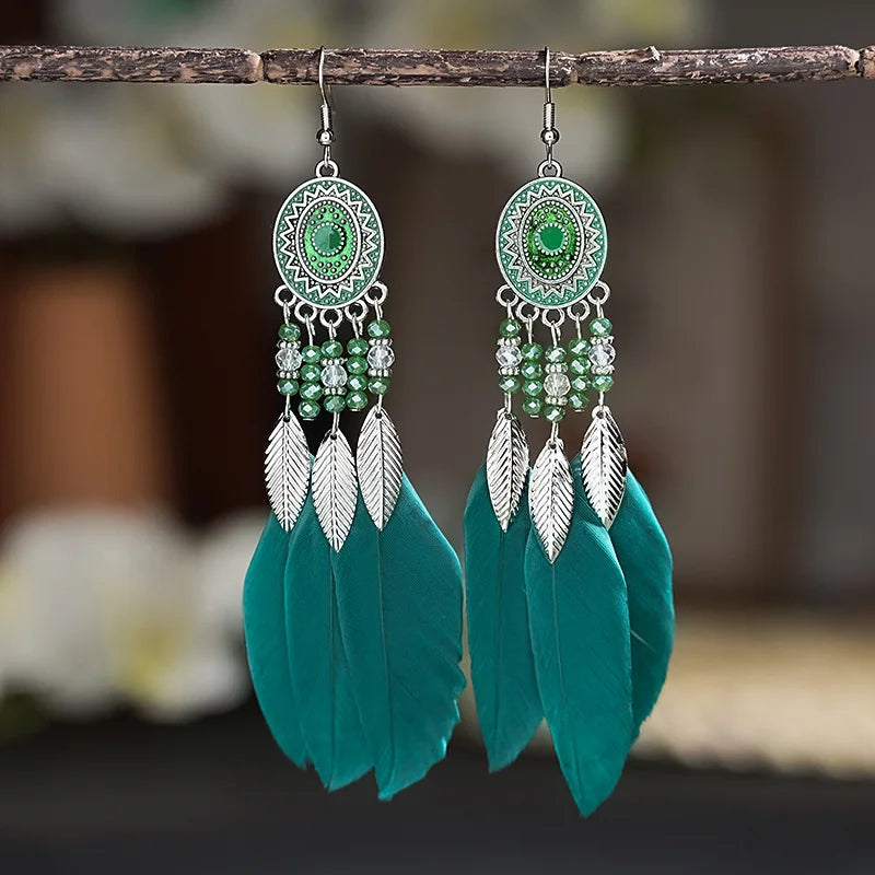 Boho Long Feather Drop Dangle Women's Earrings Leaf Tassel Crystal Beads Handmade Round Flower Enamel Wedding Bride Jewelry Gift