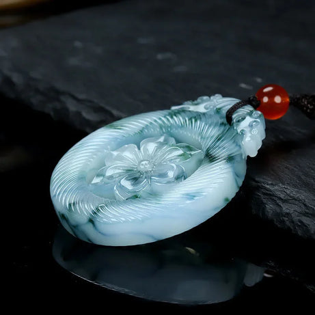 Blue & White Hand-Carved Jade Lotus Pendant Necklace, Natural Boutique Talisman