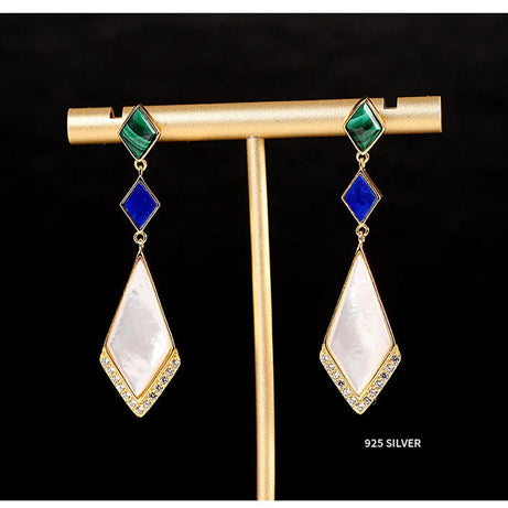 GEEZENCA Malachite Lapis Lazuli Shell 925 Silver Dangle Earrings For Women Unusual Geometric Natural Stone Drop Earring Gift - Charlie Dolly
