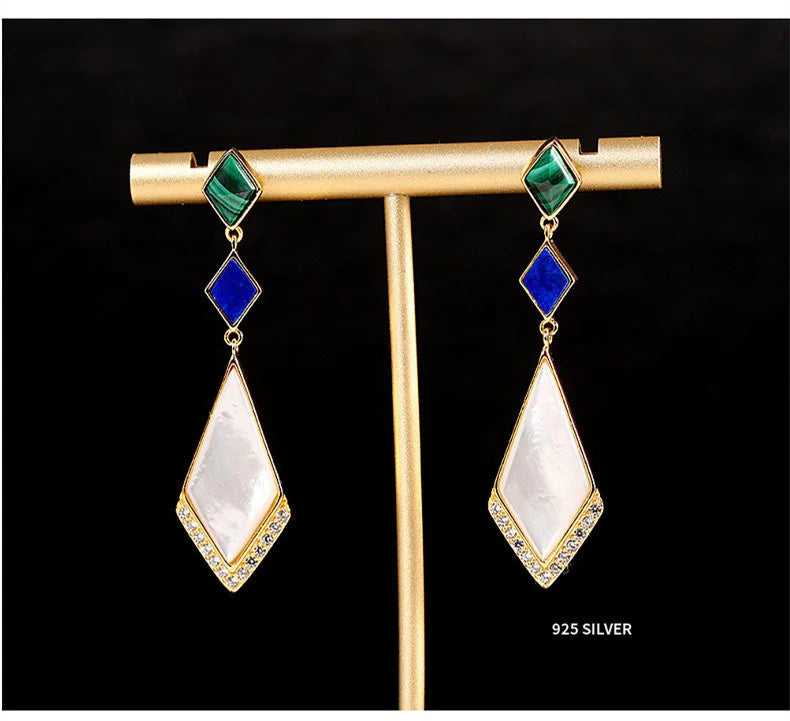 GEEZENCA Malachite Lapis Lazuli Shell 925 Silver Dangle Earrings For Women Unusual Geometric Natural Stone Drop Earring Gift