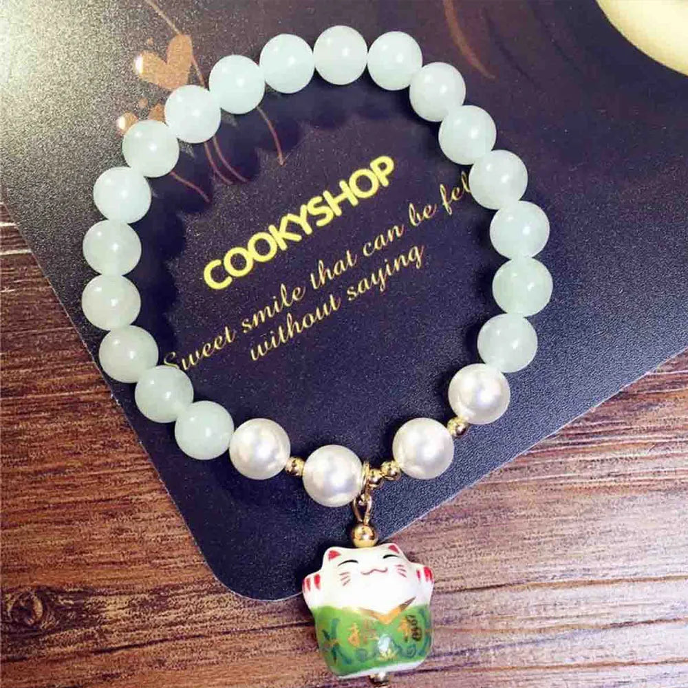 Boho Fortune Cat Charms Bracelet for Women 8mm Round Natural Stone 18cm Stretch Wire Couple Bracelet Jewelry Accessories Gifts