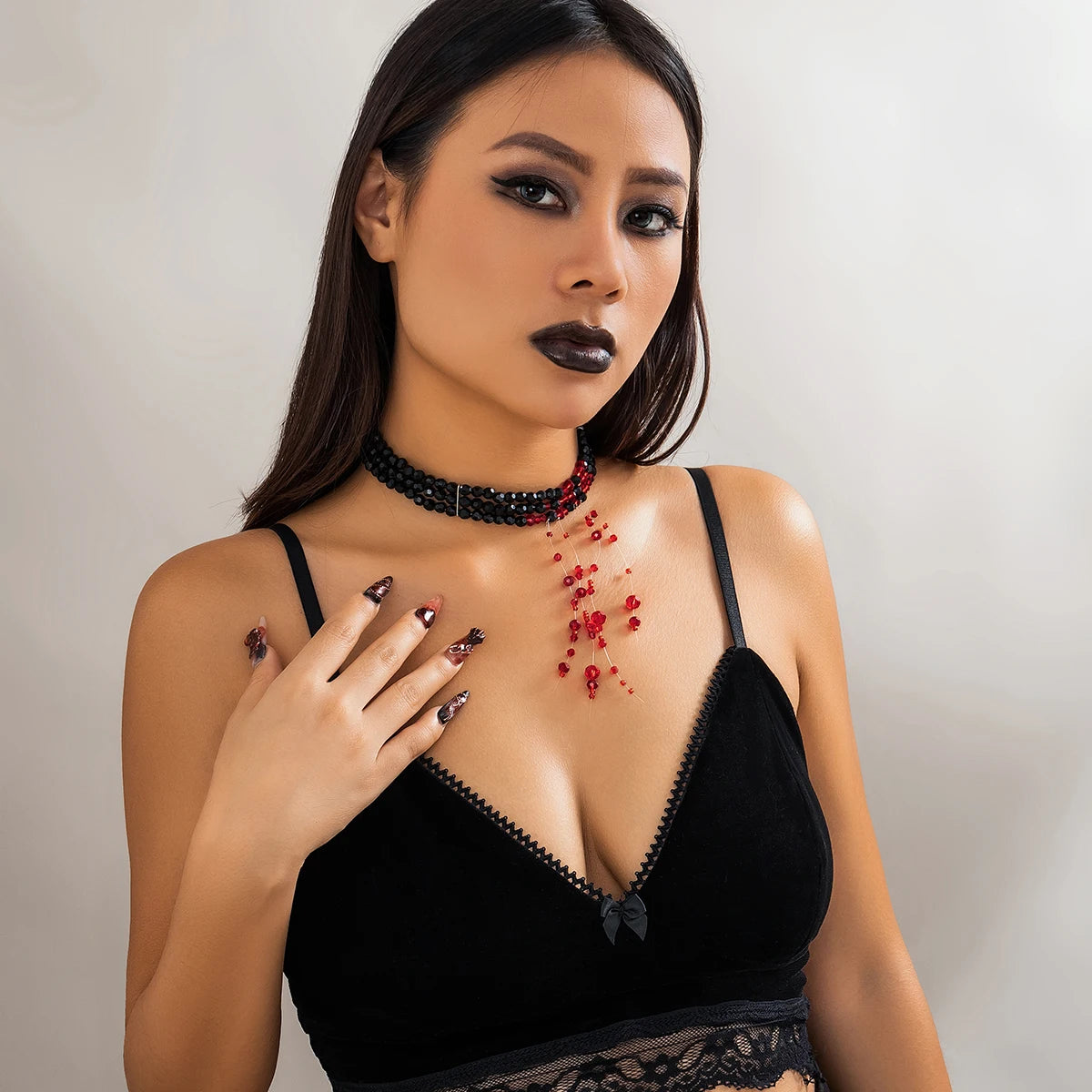 Salircon Gothic Multi layered Black Crystal Bead Choker Fashion Red Bead Tassel Pendant Necklace Women Halloween Cosplay Jewelry - Charlie Dolly