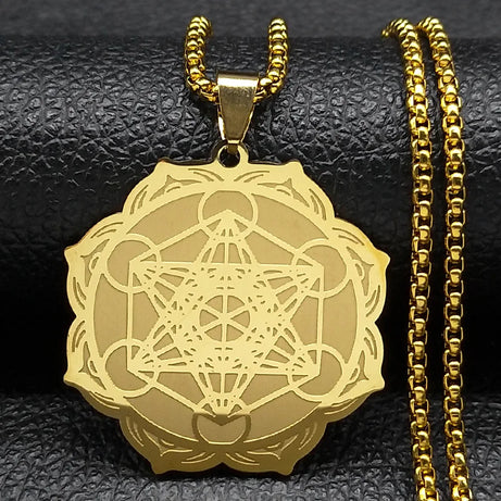 Metatron Cube & Archangel Sacred Geometry Necklace, Flower of Life Lotus Amulet