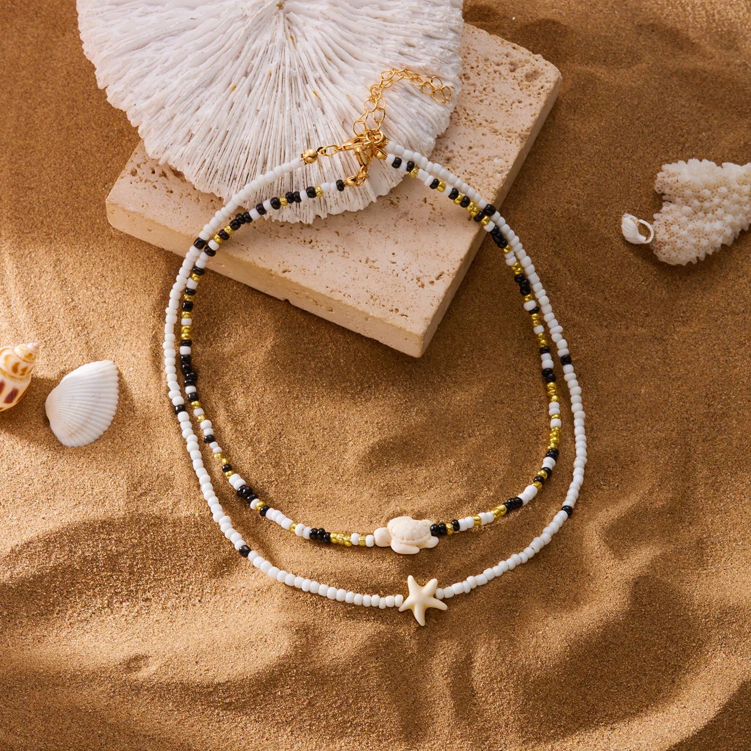 Boho Double Layer Beaded Starfish Shell Turtle Pendant Necklace Women Colorful Beads Clavicle Chain Choker Beach Party Jewelry