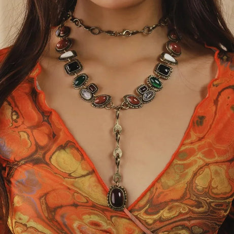 Y Shape Retro Stone Pendant Necklace Jewelry