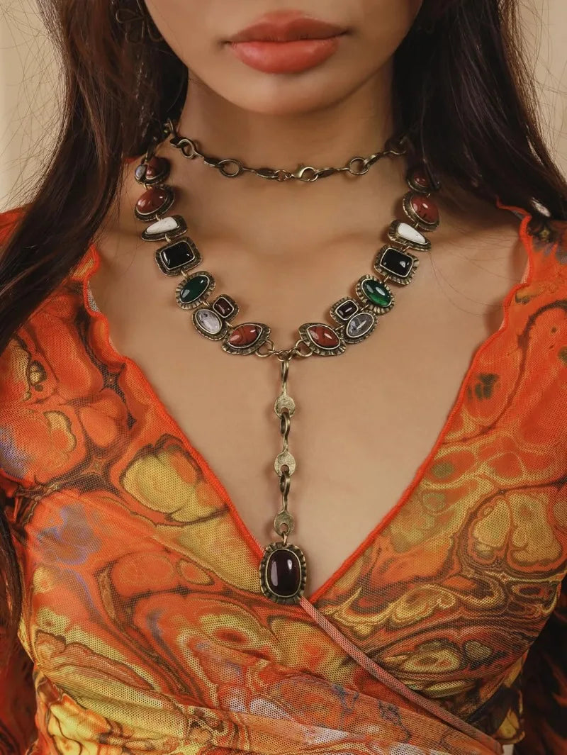 Y Shape Retro Stone Pendant Necklace Jewelry