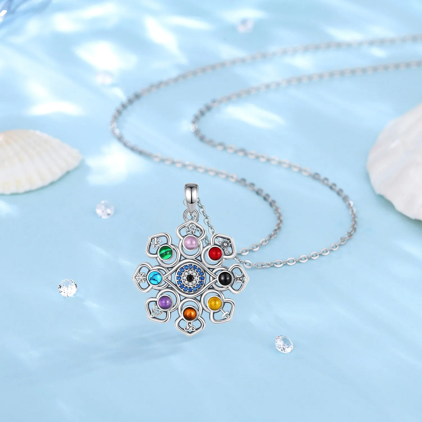 S925 Silver Lotus, Evil Eye & Pentagram Pendant, Sacred Protection Amulet