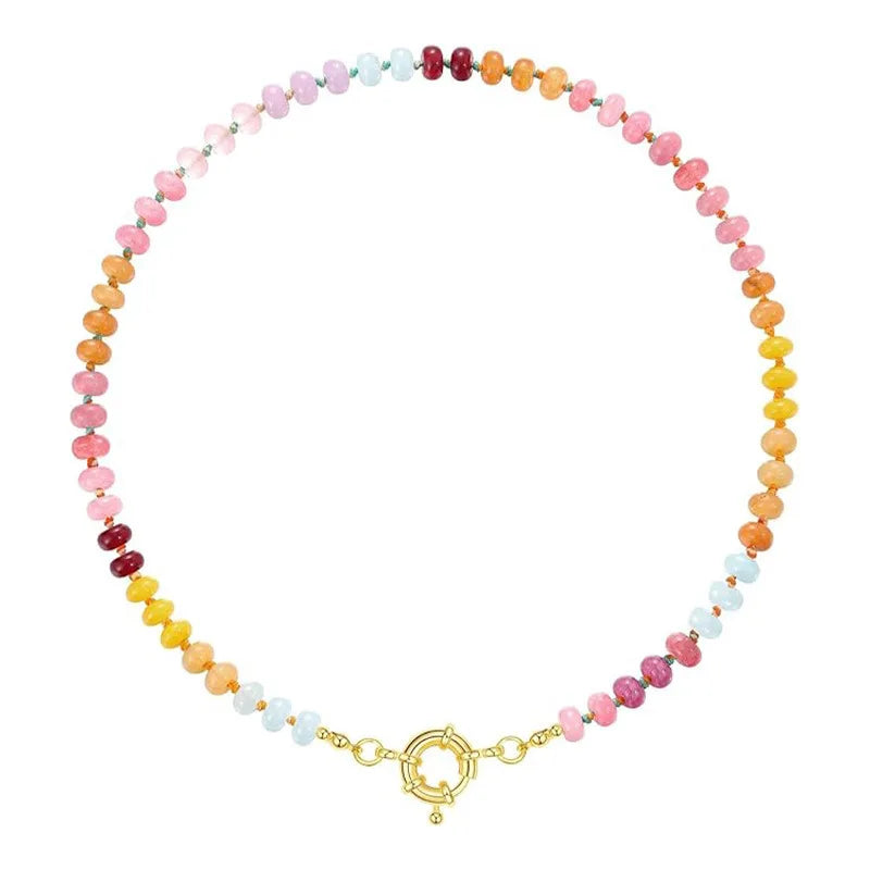 Colorful Boho Natural Stone Surfer Beach Choker 6mm Beaded Gemstone Necklace for Women 14K Gold Plated Handmade Jewelry