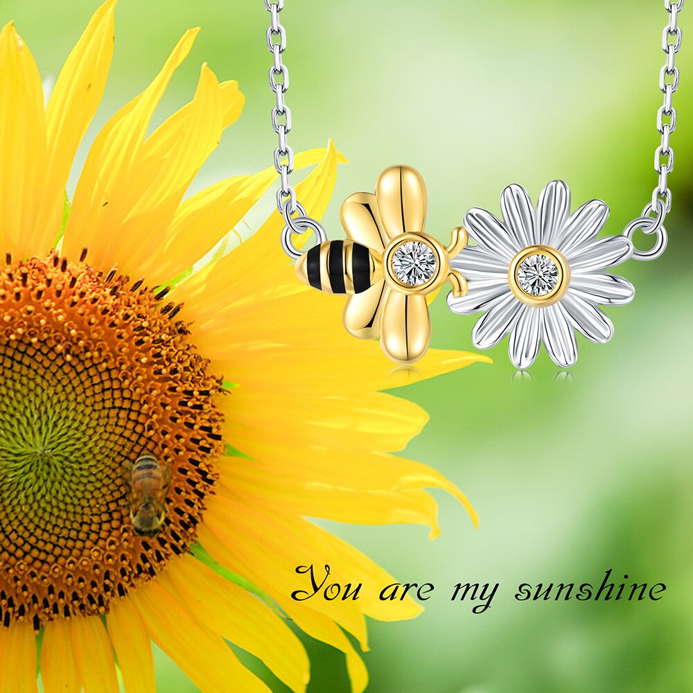 925-Sterling-Silver Cute Honey Bee Sunflower Pendant Necklace Jewelry Mother’s Day Birthday Gift for Women Girlfriend Daughter