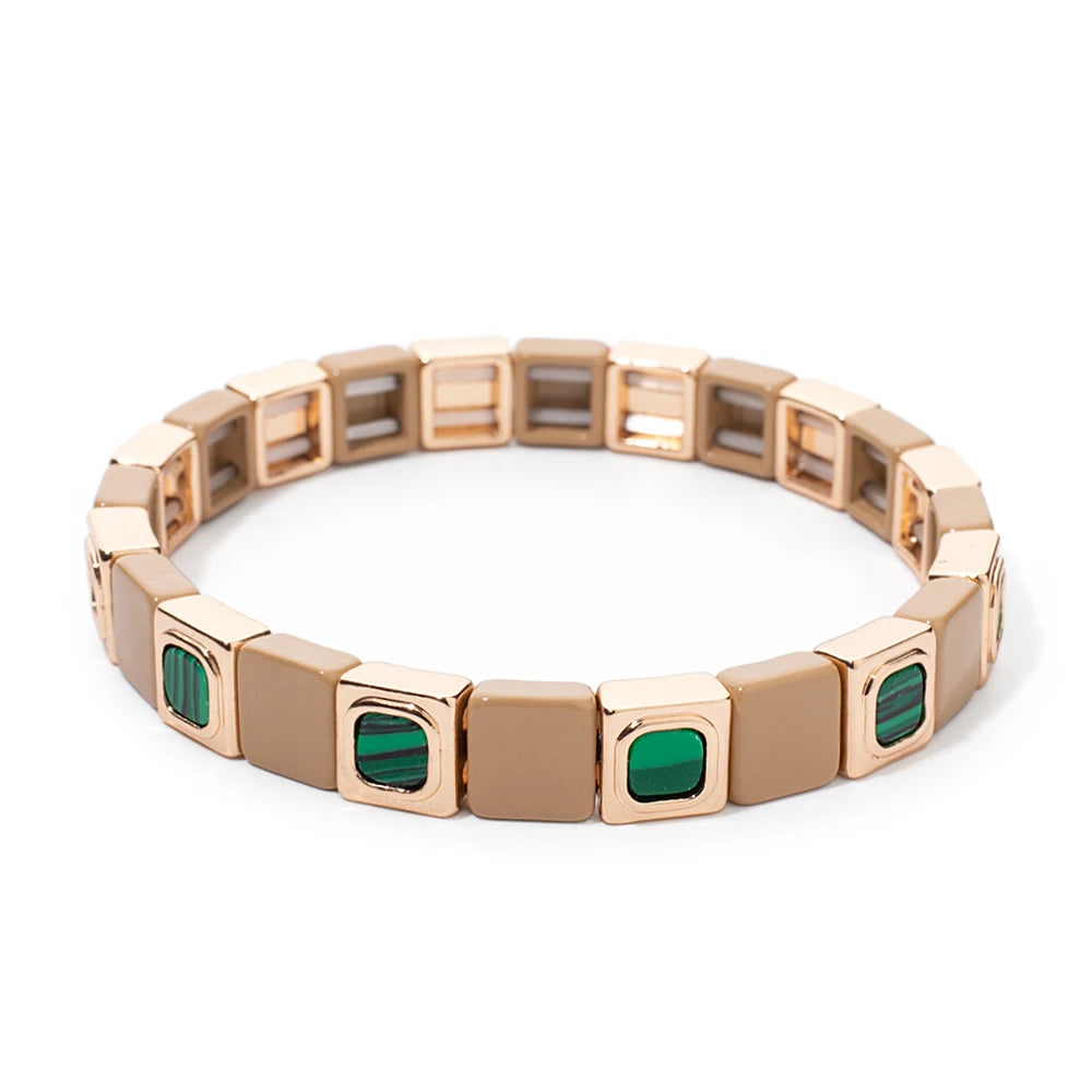 2023 New Design 8x8mm Inlaid Nature Stone Bracelets For Women Gold Color Boho Elastic Bangle Handmade Inlaid Diamond Jewelry