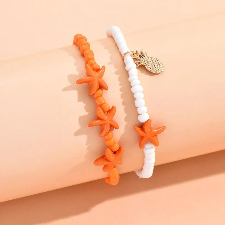 Starfish, Conch Shell and Flower Bead Boho Anklet