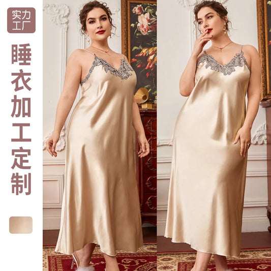 Sexy Sleepwear Women Lace Silk Satin Sleeveless Nighties Summer V-neck  Suspender Thin Long Imitation Silk Nightgown