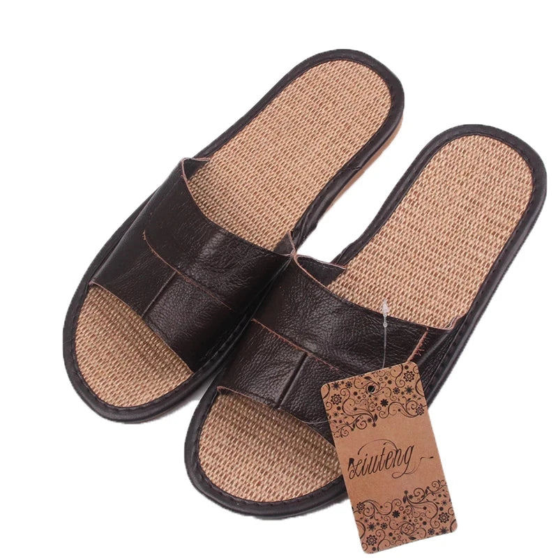 New 2022 Famous Brand Casual Men Sandals Summer Leather Linen Slippers Summer Shoes  Flip Flops Fast Shipping - Charlie Dolly