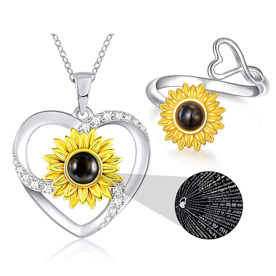 Rose Valley Sunflower Pendant Necklace for Women Letter Rings Fashion Jewelry Set One Hundred Language "I Love You" Girls Gifts - Charlie Dolly