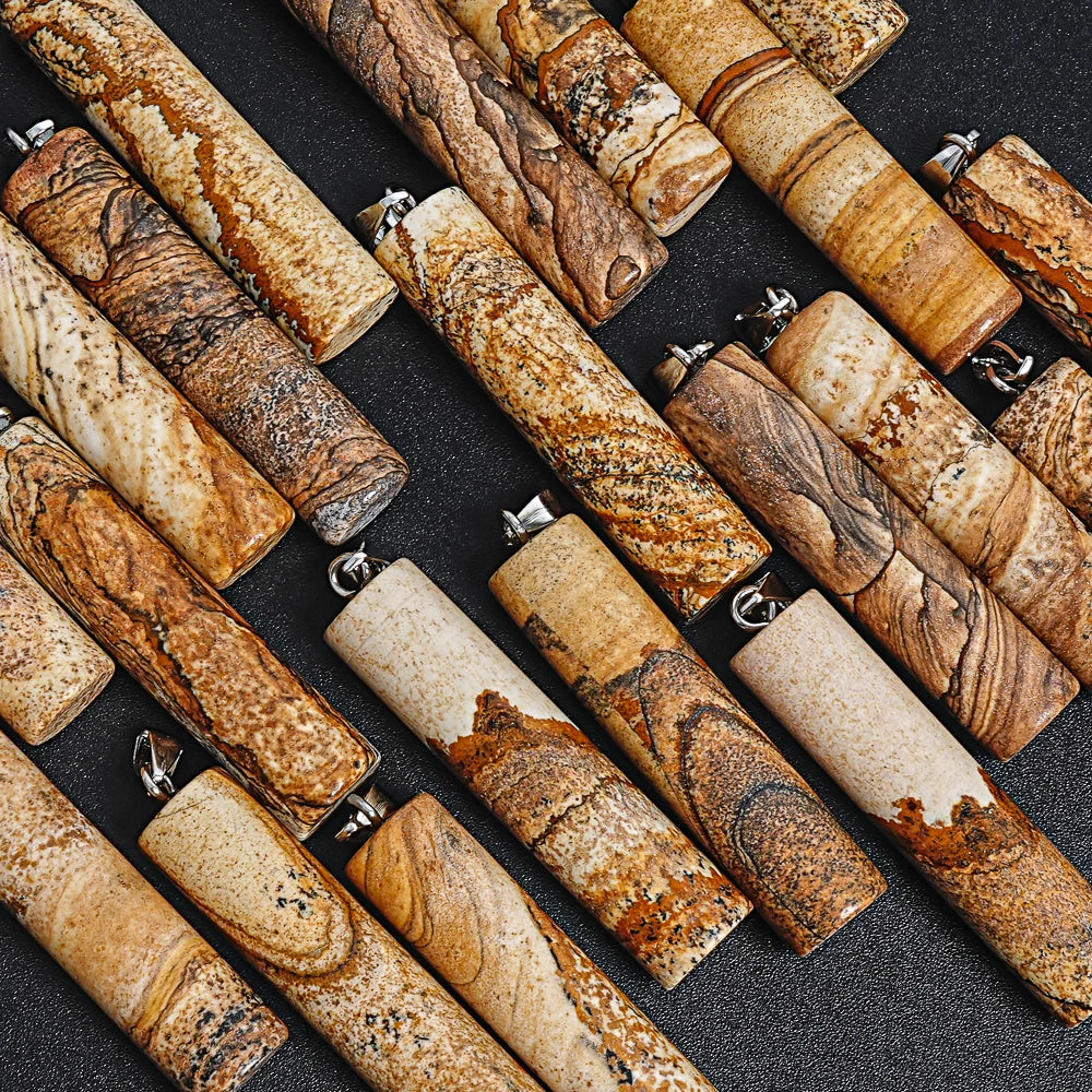 NATURAL PICTURE JASPER CYLINDRICAL PENDANT BROWN STONE 50X12MM FOR BOHO JEWELRY MAKING DIY NECKLACE BRACELET CHARM GIFT FOR HER