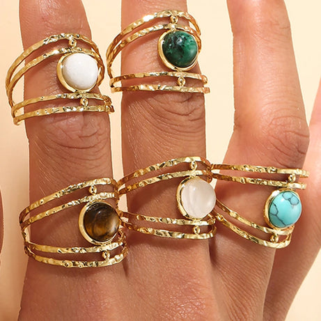 Boho Opal Turquoise Natural Stone Finger Rings Hollow Multi-Layer Jewelry Rings for Women Stainless Steel Ring Women Party Gifts - Charlie Dolly