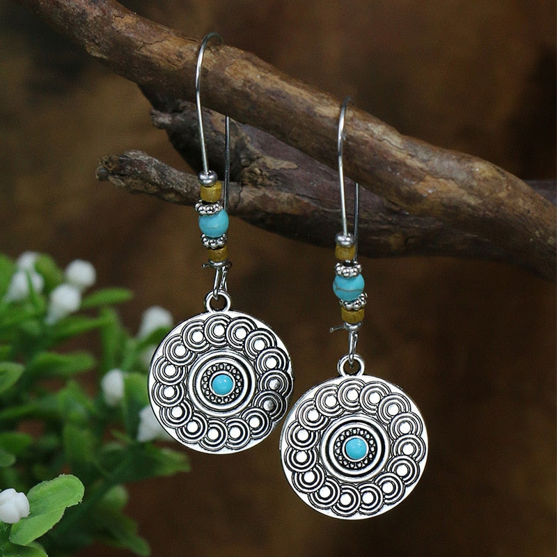 53 Styles Bohemian Vintage Tibetan Silver Geometric Drop Earrings For Women Ethnic Blue Stone Tassel Dangle Earrings Jewelry