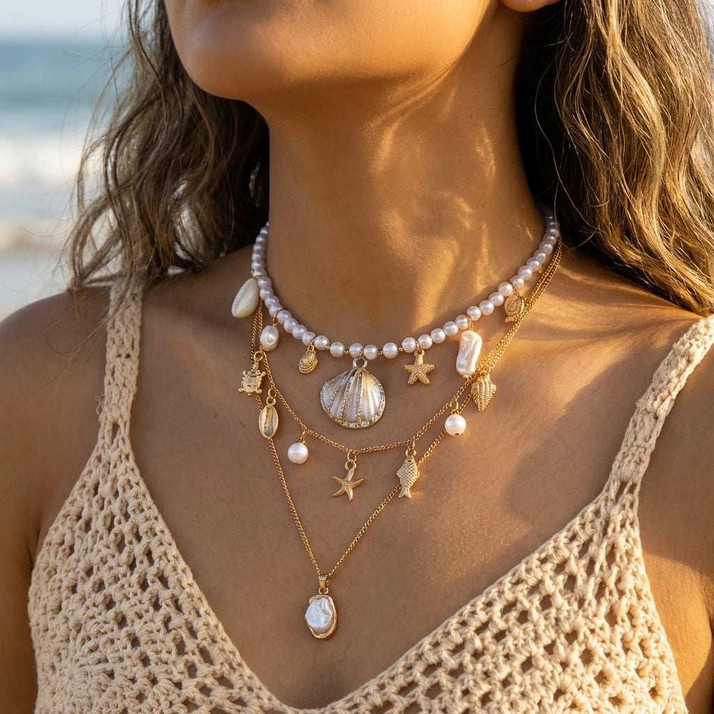 Boho Multilayer Shell Starfish Pendant Necklace for Women Handmade Beaded Imitation Pearl Choker Beach Party Jewelry Gift