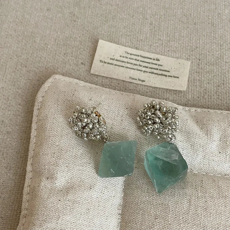 Minar Handmade Irregular Green Natural Stone Metal Beads Strand Hanging Dangle Earrings for Women Mujer Party Holiday Jewelry