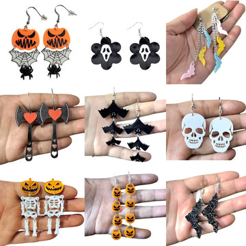 2024 New Skeleton Pumpkins Halloween Earrings Women Hallowmas Costume Cosplay Skull Heart Axe Black Bat Acrylic Drop Earring