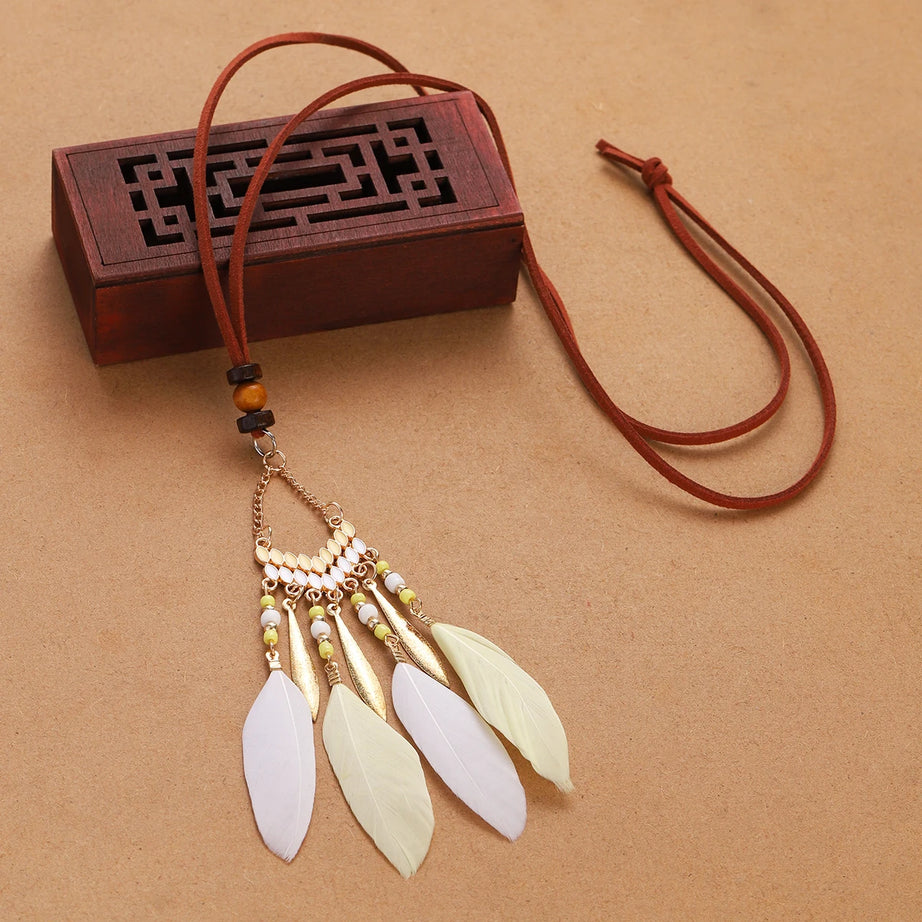 Rope Bead Feather Pendant Long Necklace Jewelry