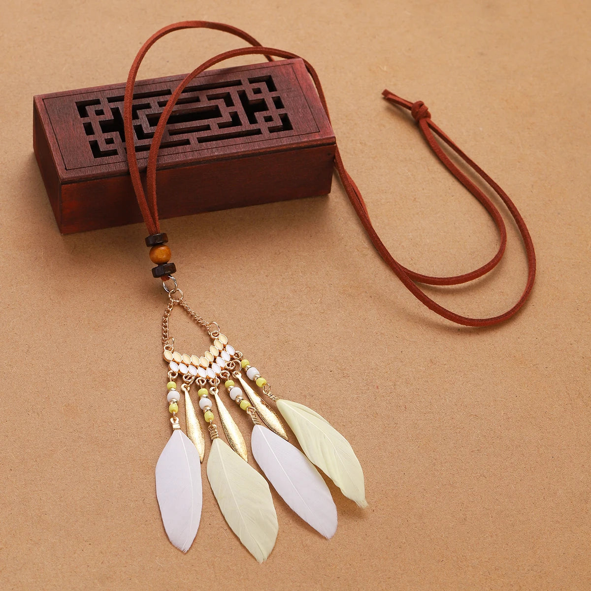 Rope Bead Feather Pendant Long Necklace Jewelry
