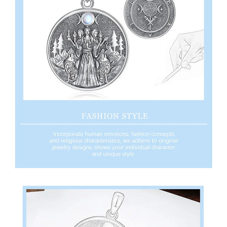 S925 Sterling Silver Hecate & Dog Pendant Necklace, Triple Moon Goddess Moonstone Amulet