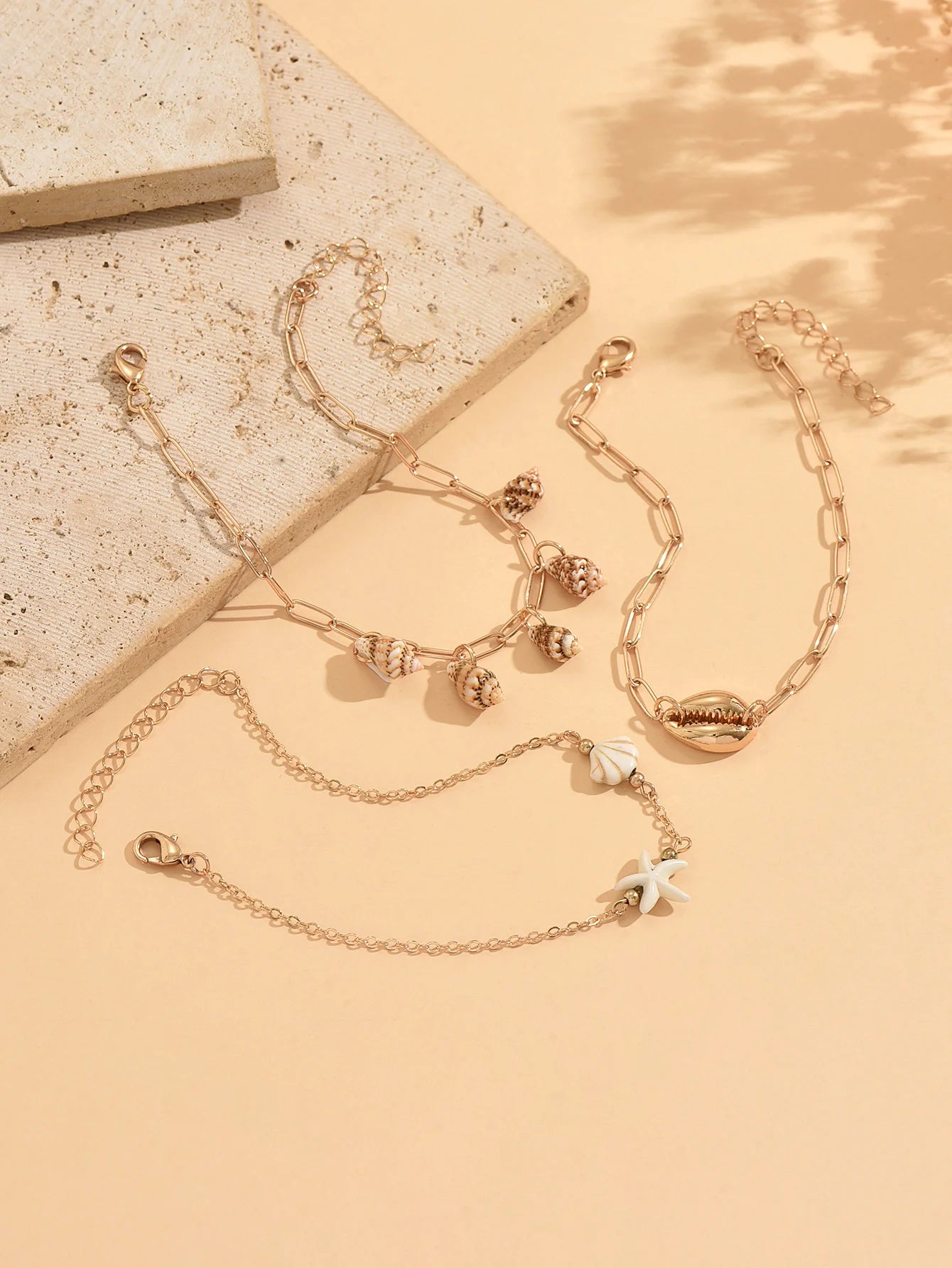 3PCS Layered Stackable Gold Anklet Set Cowrie Shell Conch Starfish Charms Dainty Boho Summer Beach Jewelry
