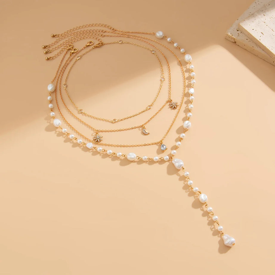Moon Water Drop Star Pearl Layered Necklace Jewelry
