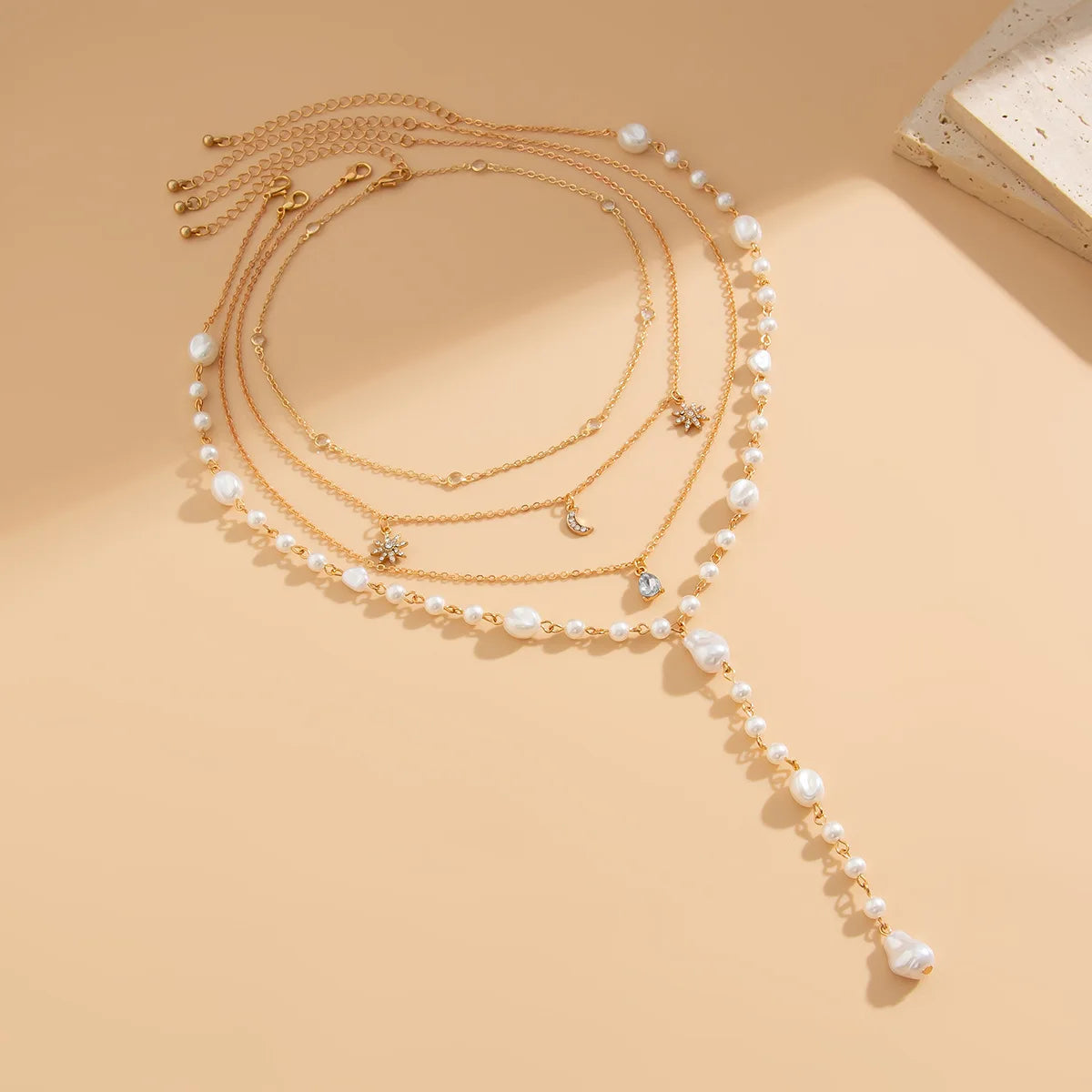 Moon Water Drop Star Pearl Layered Necklace Jewelry