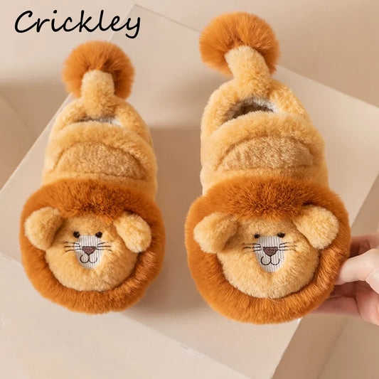 Cartoon Lion Children's Winter Shoes Cute 3D Animals Floor Slippers For Kids Flats Warm Plush Design Child Girls Boys Slippers - Charlie Dolly