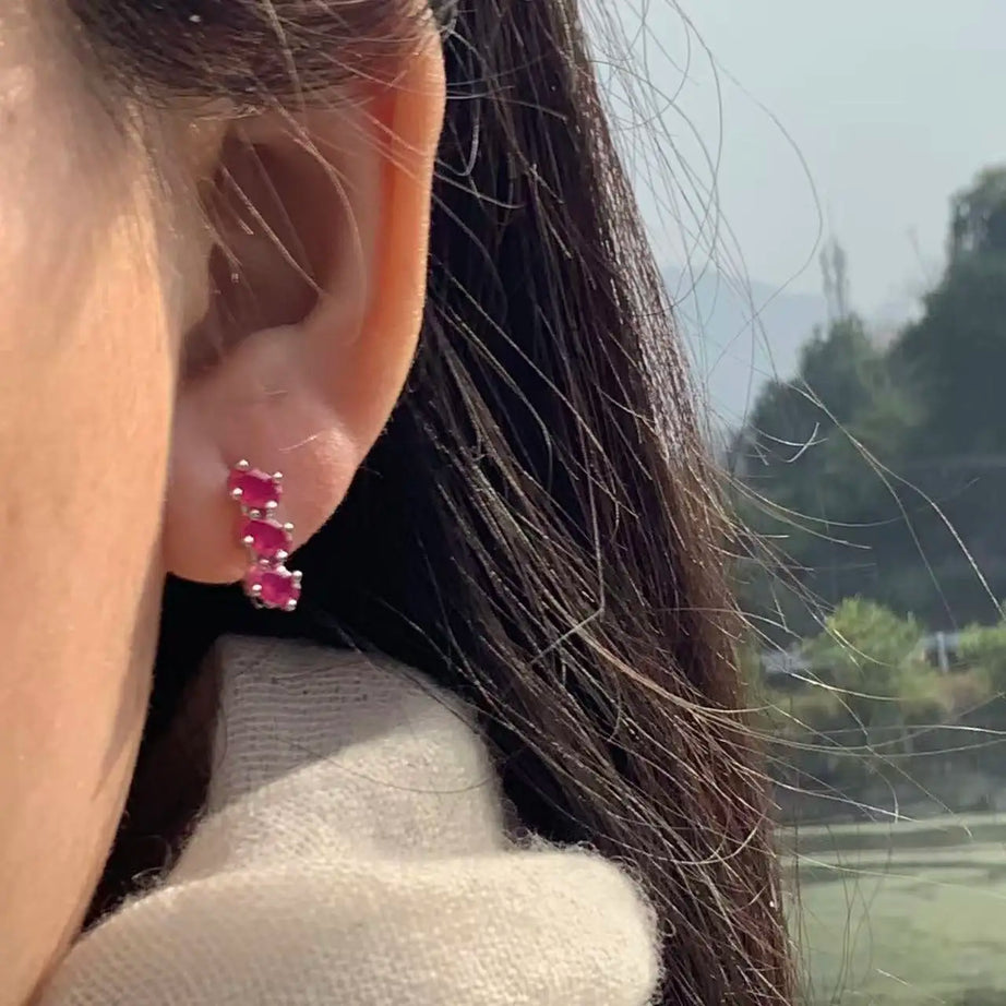 Natural Ruby Hoop Earrings, Classic Fine Gemstone Stainless Steel Jewelry