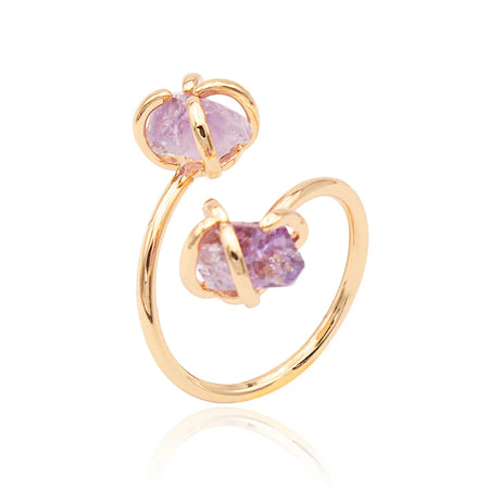 Irregular Amethyst Crystal Open Ring for Women Girls Claw Setting Gold-color Boho Natural Stone Finger Jewelry Resizable - Charlie Dolly