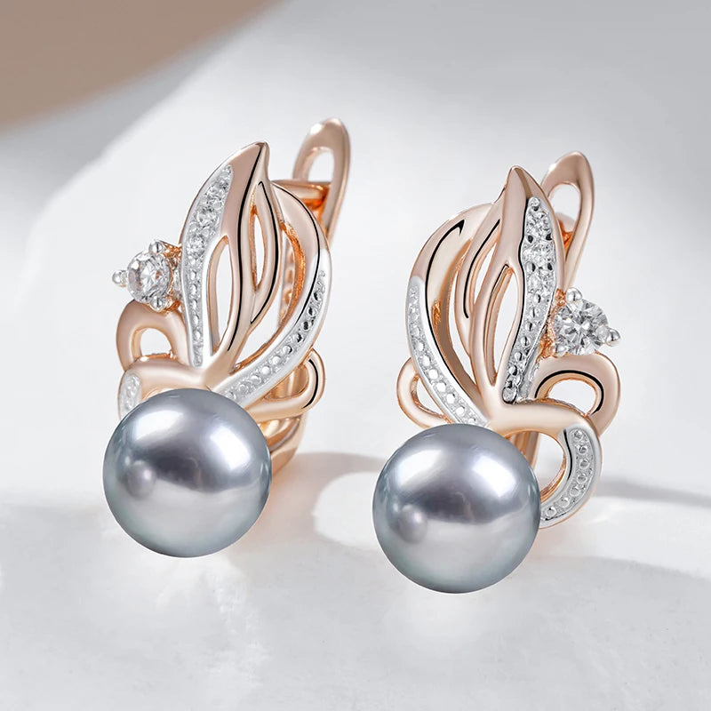Kinel Hot Natural Zircon Flower Gray Pearl Drop Earrings for Women 585 Rose Gold Silver Color Mix Boho Ethnic Wedding Jewelry