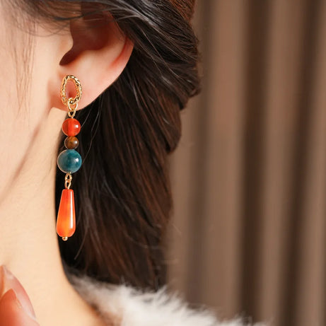 Retro Jade Water Drop Tassel Earrings, Chinese Style Natural Stone Boho Jewelry
