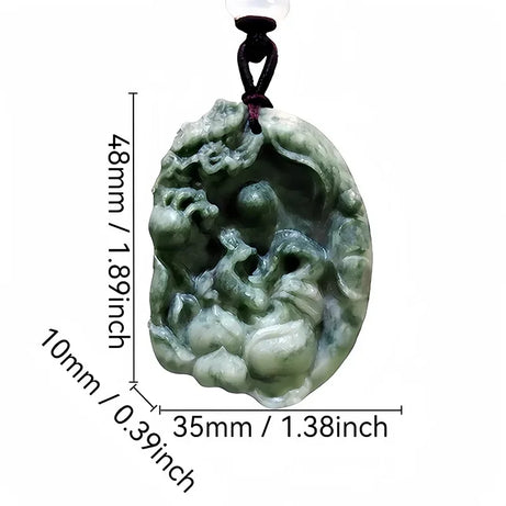 Dark Green Jade Dragon Fox & Owl Pendant Necklace, Carved Amulet Zodiac Talisman