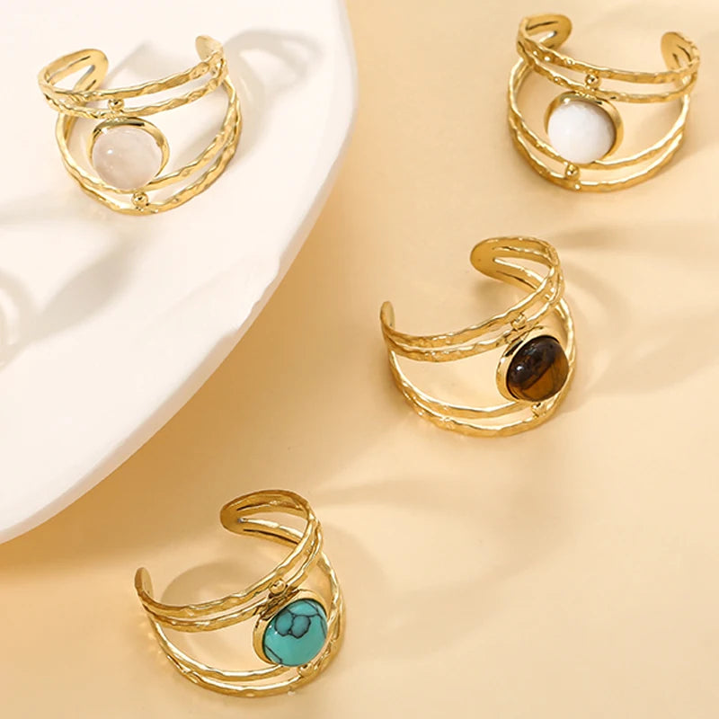 Boho Opal Turquoise Natural Stone Finger Rings Hollow Multi-Layer Jewelry Rings for Women Stainless Steel Ring Women Party Gifts