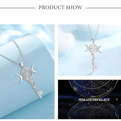 Sterling Silver 925 Hekate Wheel Triple Moon Goddess Necklace, Snake Key Witch Amulet
