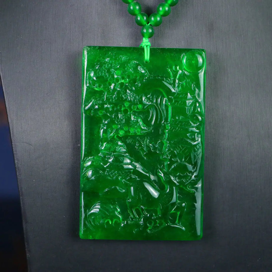 Myanmar Ice Jadeite Carved Landscape Amulet Necklace, Sacred Mountain Talisman