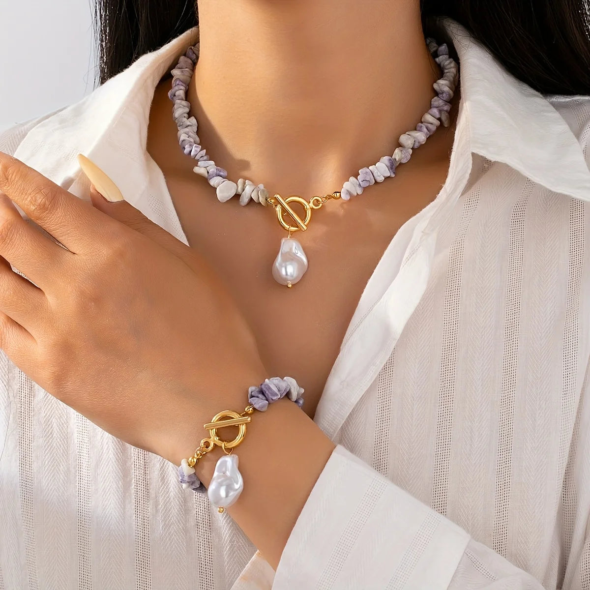 Boho Green Natural Stone Baroque Pearl Jewelry Set 13 Colors Toggle Clasp Necklace Bracelet For Women Fashion Gift
