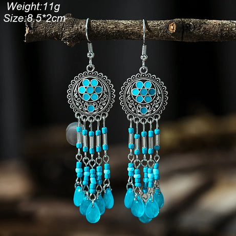 Blue Enamel Feather Crystal Long Earrings Jewelry