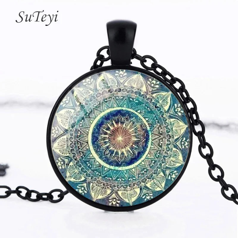 Vintage Green Mandala Earrings Retro Sacred Geometry Lotus Glass Pendant Earrings For Women Men Boho Jewelry