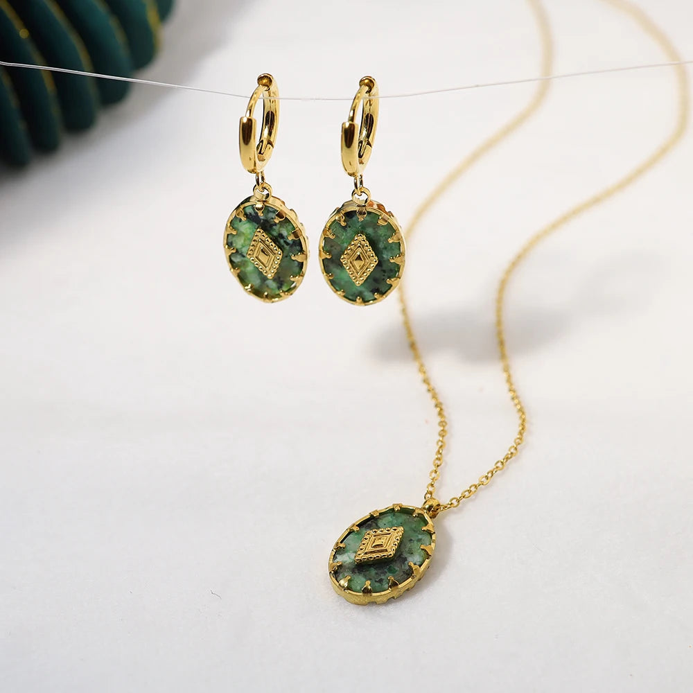 WILD & FREE Vintage Natural Stone Pendant Necklace for Women Luxury African Turquoise Drop Earrings Trendy Jewelry Set Gifts