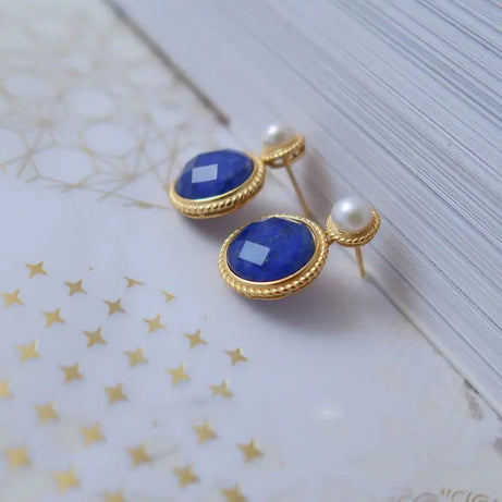 Vintage Style Exquisite Pearl Round Lapis Lazuli Earrings for Women Silver Inlaid Classic Blue Stud Earings Jewelry Gift - Charlie Dolly