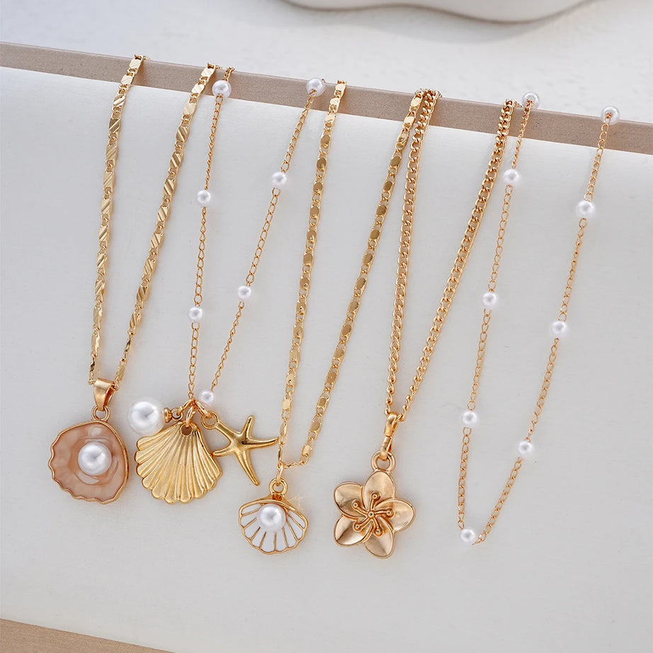 Starfish, Shell and Pearl Flower Boho Necklace Set (5 Pieces)