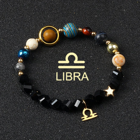 Eight Planets & Twelve Zodiac Beaded Bracelet, Natural Stone Cosmic Astrology Talisman