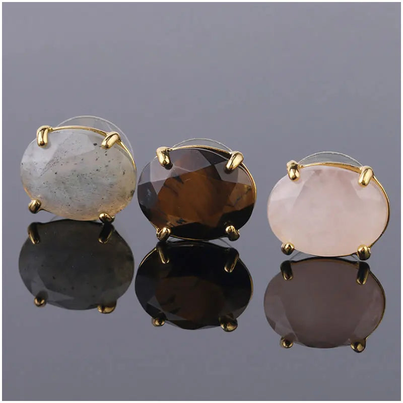 Oval Shape Stud Earrings golden Color Natural Stone Faceted Pink Quartz Crystal Agate lapis lazuli Healing Jewelry Female