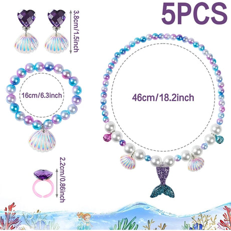 Princess Mermaid Shell Charm Necklace and Bracelet Set (5 Pieces)