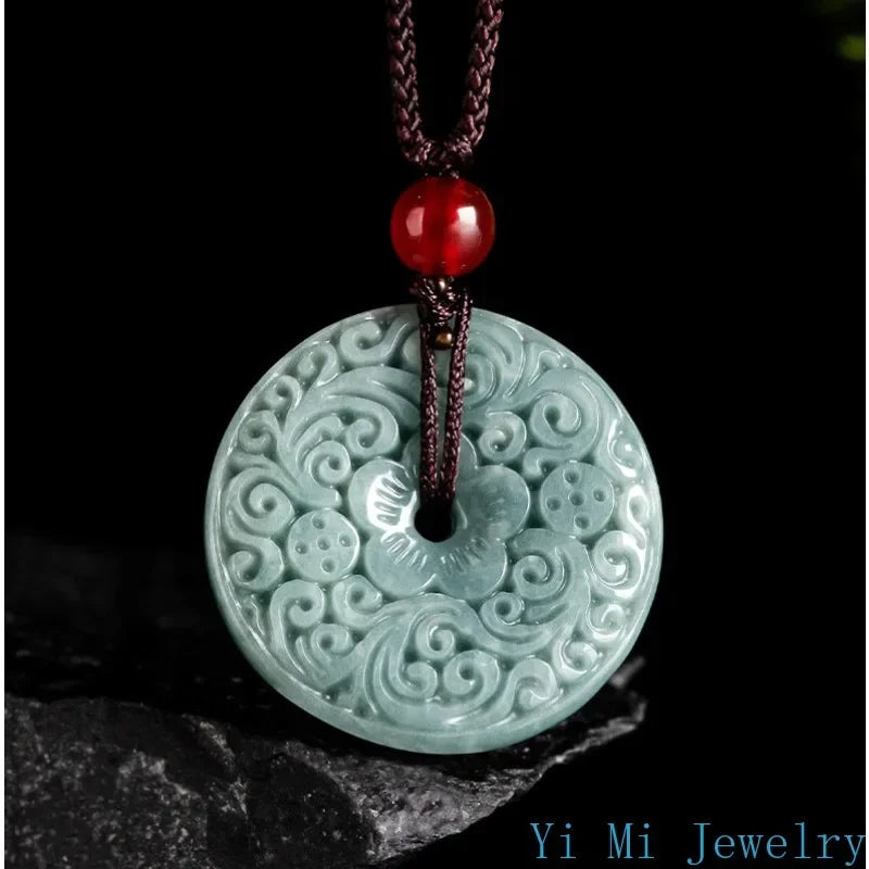 Natural A-grade Jade Pendant with Blue Water Carved Flower, Safe Buckle Jade Pendant, Men's and Women's Pendant, Jade Necklace