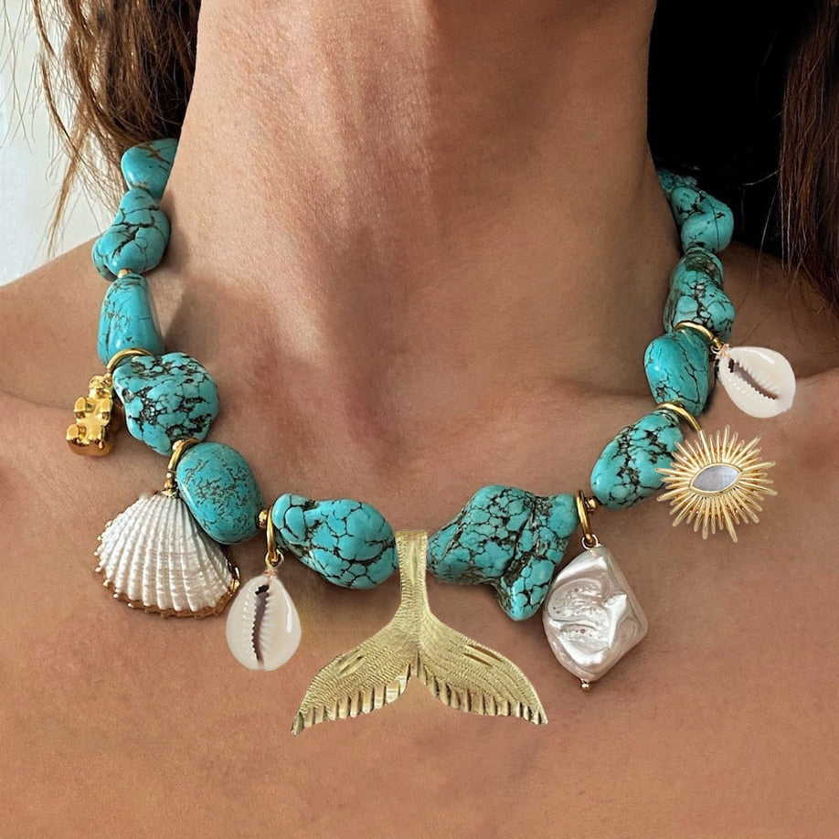 Handmade Geometric turquoise shell Irregular Natural Stone Necklace for Women Beaded Chain Chokers Wholesale Jewelry Bijoux - Charlie Dolly